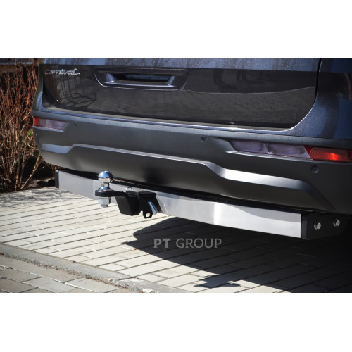 KCA-20-991124.00 PT GROUP Фаркоп с нержавеющей накладкой на Kia Carnival 2020- без подрезки бампера. Тип шара: E (легкосъемный шар под квадрат). Нагрузки: 2100/100 кг, масса фаркопа 23,5 кг (без электрики в комплекте)