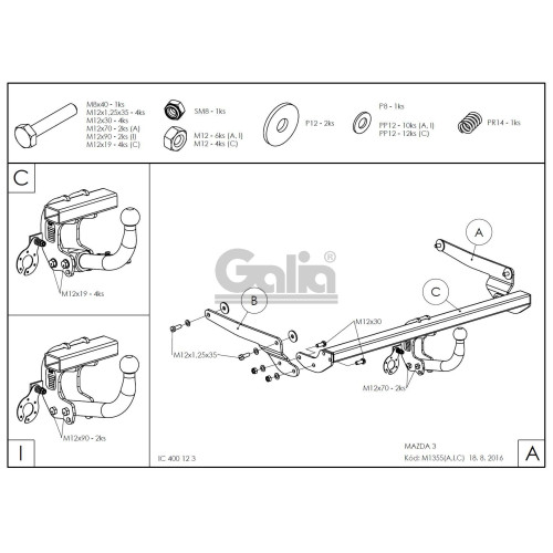 M135C GALIA Полностью оцинкованный фаркоп на Mazda 3 седан 2013-2019. Подрозетник убирается за бампер. Тип шара: C (горизонтальный съемный). Установка без выреза бампера. Нагрузки: 1800/90 кг, масса фаркопа 19,17 кг
