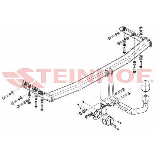 N-072 STEINHOF Фаркоп на Nissan Primera W12 универсал 2002-2007. Требуется подрезка бампера. Тип шара: A. Нагрузки: 1850/75 кг, масса фаркопа 16,97 кг (без электрики в комплекте)