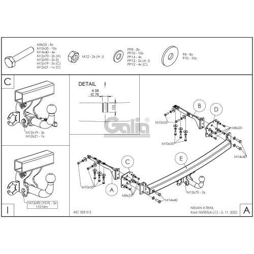 N050C GALIA Полностью оцинкованный фаркоп на Nissan X-Trail T31 2007-2014, исключая авто с парктроником. Тип шара: C (горизонтальный съемный). Подрезка бампера. Нагрузки: 2200/100 кг, масса фаркопа 19,37 кг
