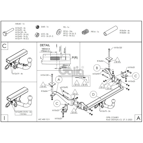 O037C GALIA Полностью оцинкованный фаркоп на Opel Combo 2004-2012. Подрозетник убирается за бампер. Тип шара: C (горизонтальный съемный). Невидимый вырез бампера. Нагрузки: 1200/50 кг, масса фаркопа 15,47 кг
