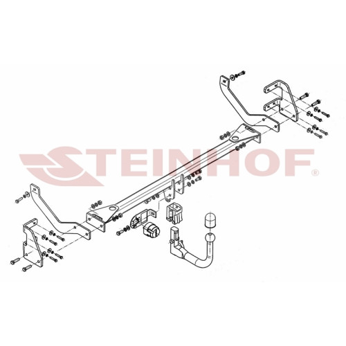 P-047 STEINHOF Фаркоп на Peugeot 508 седан, кроме GT 2011-2019. Требуется подрезка бампера. Тип шара: AV (вертикальное быстросъемное крепление шара на ключе). Нагрузки: 1900/80 кг, масса фаркопа 21,6 кг (без электрики в комплекте)