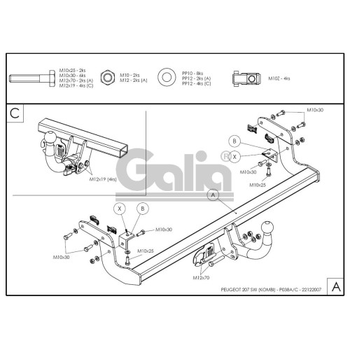 P038C GALIA Полностью оцинкованный фаркоп на Peugeot 207 универсал 2007-2012. Тип шара: C (горизонтальный съемный). Установка без выреза бампера. Нагрузки: 1150/46 кг, масса фаркопа 16,07 кг