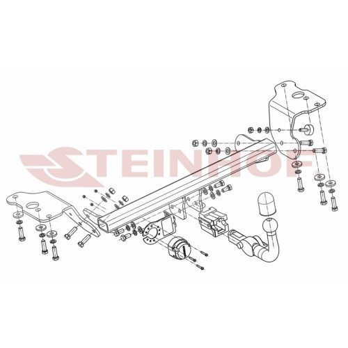 T-091 STEINHOF Фаркоп на Toyota Auris хетчбек 3/5 дверей 2007-09/2012 без снятия и подрезки бампера. Тип шара: AH (горизонтальное быстросъемное крепление шара на ключе). Нагрузки: 1600/65 кг, масса фаркопа 16,2 кг (без электрики в комплекте)