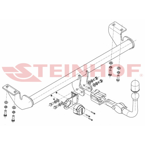 T-103 STEINHOF Фаркоп на Toyota Avensis универсал T25 2003-2009 без снятия и подрезки бампера. Тип шара: AH (горизонтальное быстросъемное крепление шара на ключе). Нагрузки: 1550/75 кг, масса фаркопа 14,5 кг (без электрики в комплекте)