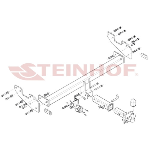 T-153 STEINHOF Фаркоп на Toyota Hilux 4WD двойная кабина, без силового бампера 2016-, JAC T6 2019-, JAC T8 Pro 2023- без подрезки бампера. Тип шара: FE (шаровый узел под американский квадрат с фланцевым шаром). Нагрузки: 3500/200 кг, масса фаркопа 29,9 кг
