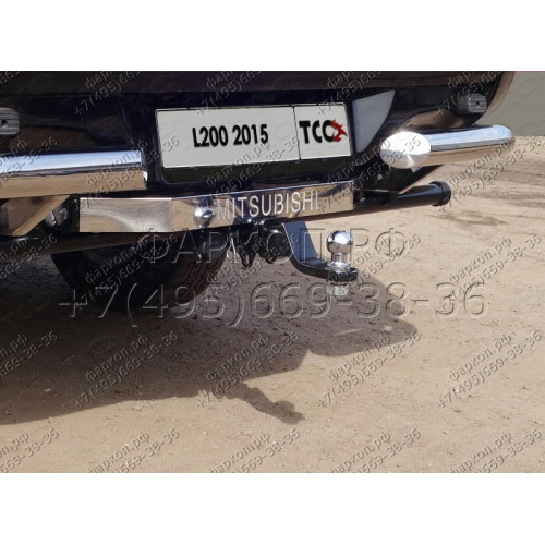 TCU00012 ТСС Фаркоп на Mitsubishi L200 2015-2019, 2019-2023 (только для а/м без заднего бампера) с накладкой с надписью Mitsubishi. Тип шара: E (шаровый узел под американский квадрат). Нагрузки: 1800/100 кг