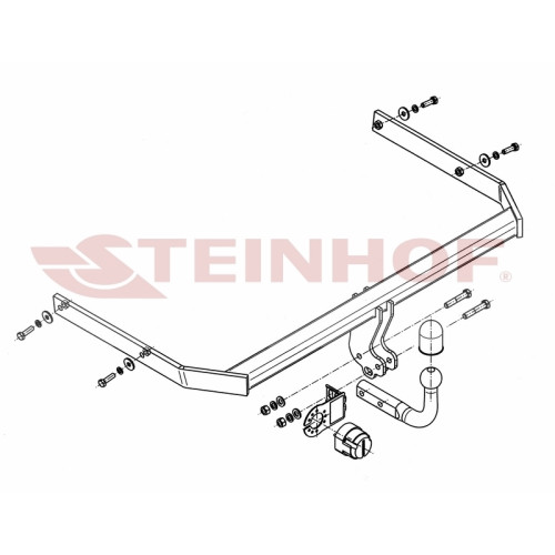 V-074 STEINHOF Фаркоп на Volkswagen Jetta IV седан 2011-2018. Требуется подрезка бампера. Тип шара: A. Нагрузки: 1800/75 кг, масса фаркопа 16,6 кг (без электрики в комплекте)