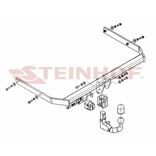 V-075 STEINHOF Фаркоп на Volkswagen Jetta IV седан 2011-2018. Требуется подрезка бампера. Тип шара: AV (вертикальное быстросъемное крепление шара на ключе). Нагрузки: 1800/75 кг, масса фаркопа 18,9 кг (без электрики в комплекте)