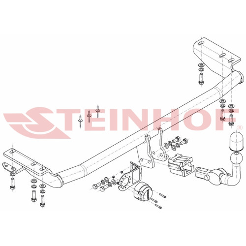 V-304 STEINHOF Фаркоп на Volvo S60 седан 2000-2010. Требуется подрезка бампера. Тип шара: AH (горизонтальное быстросъемное крепление шара на ключе). Нагрузки: 1600/85 кг, масса фаркопа 17,1 кг (без электрики в комплекте)