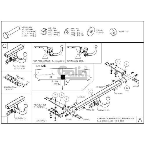 C038A GALIA Полностью оцинкованный фаркоп на Citroen C4 седан 2012-2022 (небольшие доработки, без подрезки бампера), Citroen C4 хетчбек 5 дверей 2004-2010, 2010-2018, Citroen C4 хетчбек 3 двери 2004-2010, Peugeot 307 хетчбек 3/5 дверей 2001-2007, Peugeot 