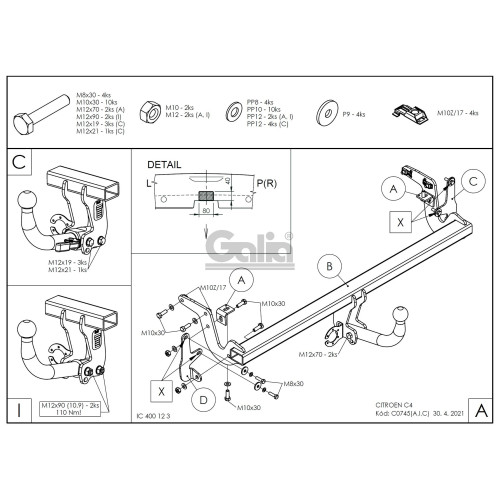 C074C GALIA Полностью оцинкованный фаркоп на Citroen C4 хетчбек 2020-. Тип шара: C (горизонтальный съемный). Невидимый вырез бампера. Нагрузки: 1400/75 кг, масса фаркопа 16,87 кг