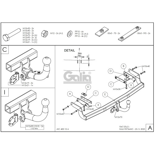 F073C GALIA Полностью оцинкованный фаркоп на FIAT Stilo хетчбек 3/5 дверей 2001-2007. Тип шара: C (горизонтальный съемный). Невидимый вырез бампера. Нагрузки: 1300/60 кг, масса фаркопа 18,35 кг