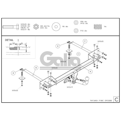 F108C GALIA Полностью оцинкованный фаркоп на FIAT Linea 2007-2015. Подрозетник убирается за бампер. Тип шара: C (горизонтальный съемный). Невидимый вырез бампера. Нагрузки: 1200/70 кг, масса фаркопа 19,06 кг