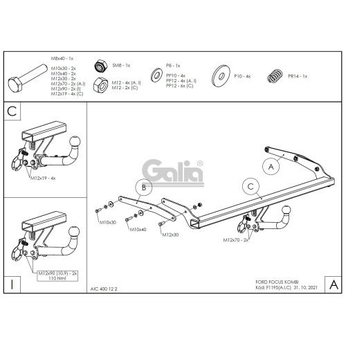 F119A GALIA Полностью оцинкованный фаркоп на Ford Focus III универсал 2011-2018. Подрозетник убирается за бампер. Тип шара: A. Без выреза бампера. Нагрузки: 1600/75 кг, масса фаркопа 18,02 кг