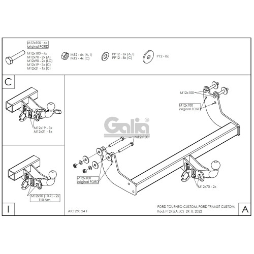 F124A GALIA Полностью оцинкованный фаркоп на Ford Tourneo Custom 2012-2022, Ford Transit Custom 2012-2022. Тип шара: A. Установка без снятия и выреза бампера. Нагрузки: 2800/120 кг, масса фаркопа 15,62 кг