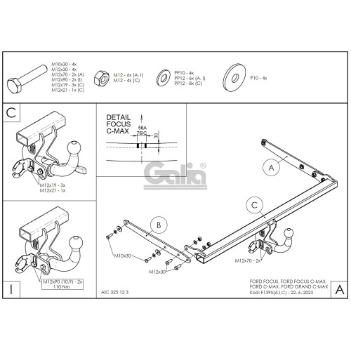 F139A GALIA Полностью оцинкованный фаркоп на Ford Focus 2003-2018, Ford Focus C-MAX 2003-2010, 2010-2019, Ford Grand C-MAX 2010-2019. Тип шара: A. Невидимый вырез бампера. Нагрузки: 1700/80 кг, масса фаркопа 14,62 кг