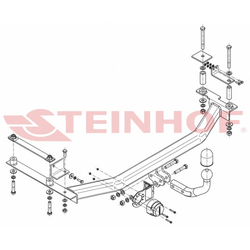 H-069 STEINHOF Фаркоп на Honda Jazz 2008-2014. Требуется подрезка бампера. Тип шара: A. Нагрузки: 1000/95 кг, масса фаркопа 14,6 кг (без электрики в комплекте)