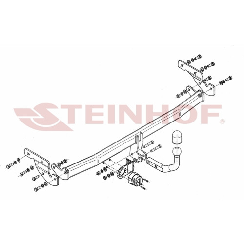 H-232 STEINHOF Фаркоп на Hyundai i10 2008-2011 (без снятия и подрезки бампера), Hyundai i10 2011-2013 (требуется подрезка бампера). Тип шара: A. Нагрузки: 800/32 кг, масса фаркопа 16,1 кг (без электрики в комплекте)