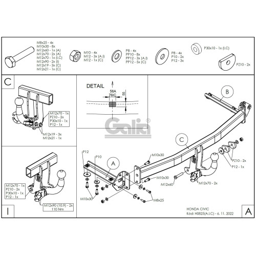 H082C GALIA Полностью оцинкованный фаркоп на Honda Civic хетчбек 5 дверей 2006-2012, 2 выхлопные трубы. Тип шара: C (горизонтальный съемный). Подрезка бампера. Нагрузки: 1500/75 кг, масса фаркопа 16,17 кг