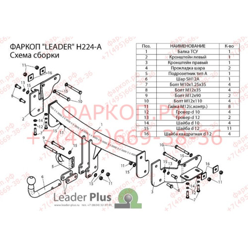 H224-A Лидер-плюс ТСУ для Hyundai Santa Fe 2012-2018, Hyundai Grand Santa Fe 2014-2018, Kia Sorento 4 XM FL 2012-2020, кроме Prime. Требуется подрезка бампера. Нагрузки: 1300/75 кг, масса фаркопа 19,58 кг (без электрики в комплекте)