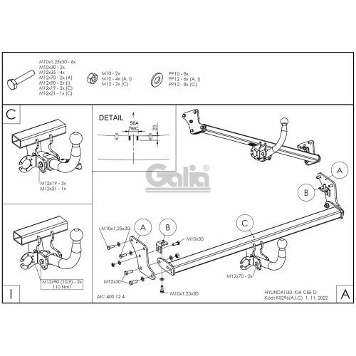 K029C GALIA Полностью оцинкованный фаркоп на Hyundai i30 хетчбек FD 2007-2010, Kia Ceed хетчбек 2006-2012, в т.ч. Kia Pro-Ceed. Тип шара: C (горизонтальный съемный). Невидимый вырез бампера. Нагрузки: 1500/75 кг, масса фаркопа 16,87 кг