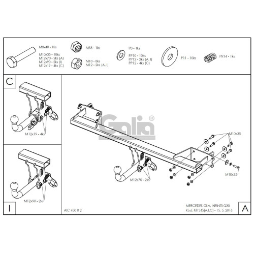 M134C GALIA Полностью оцинкованный фаркоп на Mercedes GLA-Class 2014-2019, Infiniti Q30 2016-2019, Infiniti QX30 2016-2019. Подрозетник убирается за бампер. Тип шара: C (горизонтальный съемный). Установка без выреза бампера. Нагрузки: 2000/100 кг, масса ф