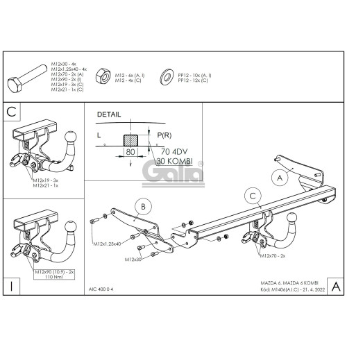 M140A GALIA Полностью оцинкованный фаркоп на Mazda 6 седан/универсал 2012-2022. Тип шара: A. Невидимый вырез бампера. Нагрузки: 2000/80 кг, масса фаркопа 17,22 кг