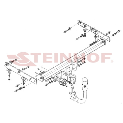 N-068 STEINHOF Фаркоп на Nissan Note E12 2014-2020. Требуется подрезка бампера. Тип шара: AV (вертикальное быстросъемное крепление шара на ключе). Нагрузки: 570/50 кг, масса фаркопа 18 кг (без электрики в комплекте)