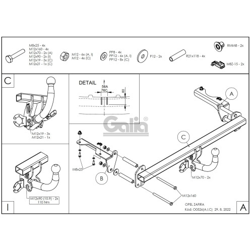 O052C GALIA Полностью оцинкованный фаркоп на Opel Zafira B 2005-2012. Тип шара: C (горизонтальный съемный). Невидимый вырез бампера. Нагрузки: 1500/75 кг, масса фаркопа 18,1 кг
