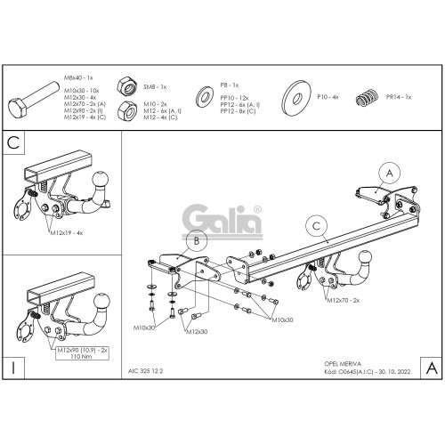 O064C GALIA Полностью оцинкованный фаркоп на Opel Meriva 2010-2017. Подрозетник убирается за бампер. Тип шара: C (горизонтальный съемный). Без выреза бампера. Нагрузки: 1500/75 кг, масса фаркопа 17,07 кг