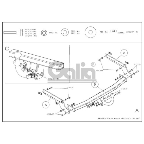 P037A GALIA Полностью оцинкованный фаркоп на Peugeot 206 универсал 2002-2010. Тип шара: A. Установка без снятия и выреза бампера. Нагрузки: 1100/50 кг, масса фаркопа 17,01 кг