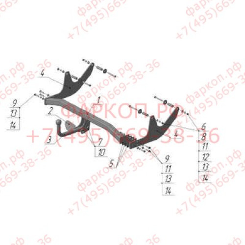 RN 03 AVTOS Фаркоп на Lada Largus 2012-, Dacia Logan универсал 2007-2014 без подрезки бампера. Тип шара: A. Нагрузки: 1300/75 кг, масса фаркопа 20 кг (без электрики в комплекте)