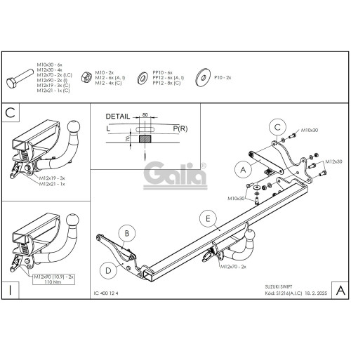 S121C GALIA Полностью оцинкованный фаркоп на Suzuki Swift хетчбек 3/5 дверей (не для 4WD) 2017-2024, 2024-. Тип шара: C (горизонтальный съемный). Невидимый вырез бампера. Нагрузки: 1200/75 кг, масса фаркопа 16,57 кг