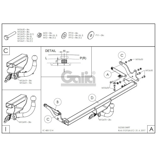 S121C GALIA Полностью оцинкованный фаркоп на Suzuki Swift хетчбек 3/5 дверей (не для 4WD) 2017-2024, 2024-. Тип шара: C (горизонтальный съемный). Невидимый вырез бампера. Нагрузки: 1200/75 кг, масса фаркопа 16,57 кг