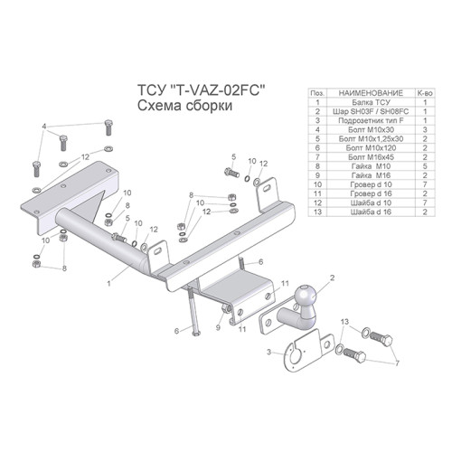 T-VAZ-02FC TAVIALS ТСУ со съемным шаром для ВАЗ 1119 Лада Калина хетчбек 2004-2013, Kalina 2 2192 2013-2018, Lada Granta хетчбек 2018- без снятия и выреза бампера. Нагрузки: 1100/50 кг,, масса фаркопа 8,6 кг, требуется 2 сверления (без электрики в комплек