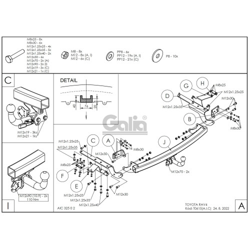 T061A GALIA Полностью оцинкованный фаркоп на Toyota RAV4 2013-2019. Тип шара: A. Минимальная подрезка бампера. Нагрузки: 2000/90 кг, масса фаркопа 23,12 кг