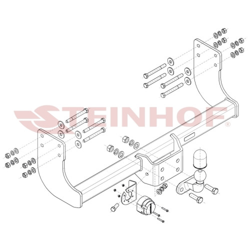 V-038 STEINHOF Фаркоп на Volkswagen Crafter II бортовой, одинарные колеса, L3-3640 мм и L4-4490 мм, передний привод 11/2016- без снятия и подрезки бампера. Тип шара: F. Нагрузки: 3500/150 кг, масса фаркопа 22 кг (без электрики в комплекте)