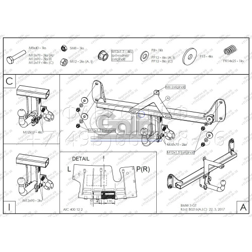 B0216A GALIA Полностью оцинкованный фаркоп на BMW 3-Series Gran Turismo F34 06/2013-2019. Подрозетник убирается за бампер. Тип шара: A. Установка без выреза бампера. Нагрузки: 1900/75 кг, масса фаркопа 12,92 кг