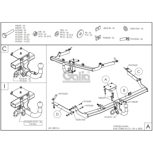 C028C GALIA Полностью оцинкованный фаркоп на Citroen Xsara хетчбек 1997-2004. Тип шара: C (горизонтальный съемный). Установка без снятия и выреза бампера. Нагрузки: 1100/70 кг, масса фаркопа 15,1 кг