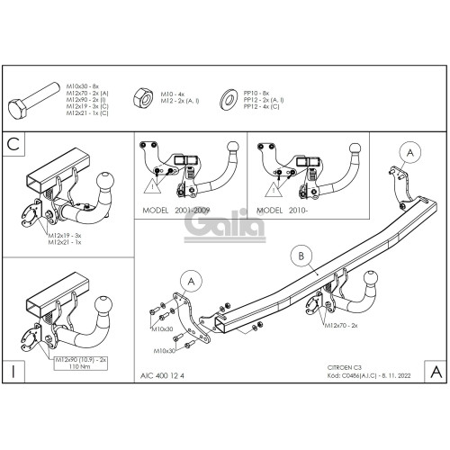 C048A GALIA Полностью оцинкованный фаркоп на Citroen C3 2002-2010, C3 II 2010-2016, кроме DS3. Тип шара: A. Без выреза бампера. Нагрузки: 1200/50 кг, масса фаркопа 11,92 кг