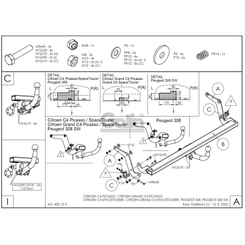 C068C GALIA Полностью оцинкованный фаркоп на Citroen C4 SpaceTourer 2018-, Citroen Grand C4 SpaceTourer 2018-, Citroen C4 Picasso 2013-2018, Citroen C4 Grand Picasso 2013-2018, Peugeot 308 хетчбек 3/5 дверей 2013-2021, Peugeot 308 универсал, кроме GT Line