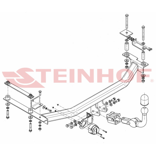 H-070 STEINHOF Фаркоп на Honda Jazz 2008-2014. Требуется подрезка бампера. Тип шара: AH (горизонтальное быстросъемное крепление шара на ключе). Нагрузки: 1000/95 кг, масса фаркопа 16,6 кг (без электрики в комплекте)