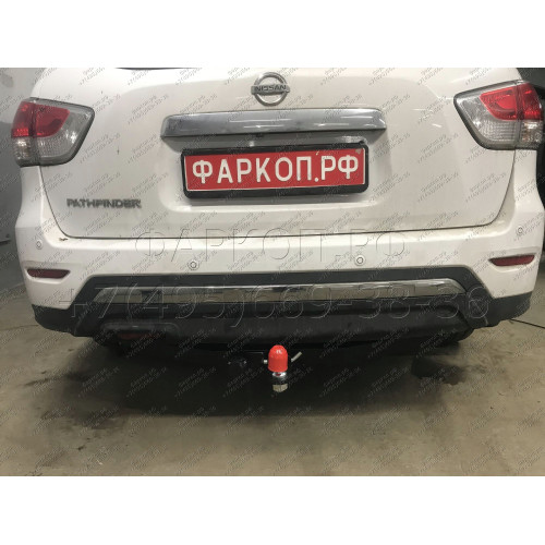 FA 0854-E Бизон Фаркоп на Nissan Pathfinder R52 2014-2021 без подрезки бампера. Тип шара: E (легкосъемный шар под квадрат). Нагрузки: 3200/120 кг. Не комплектуется электрикой