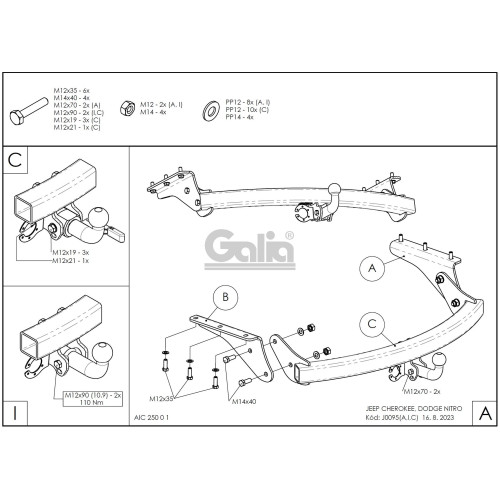 J009A GALIA Полностью оцинкованный фаркоп на Jeep Cherokee 2007-2013, Dodge Nitro 2007-2012. Тип шара: A. Установка без снятия и выреза бампера. Нагрузки: 3500/150 кг, масса фаркопа 19,22 кг