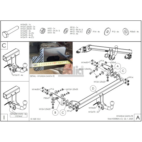 K050A GALIA Полностью оцинкованный фаркоп на Kia Sorento MQ4 2020-, Hyundai Santa Fe 2020-2023. Тип шара: A. Невидимый вырез бампера. Нагрузки: 2600/120 кг, масса фаркопа 17,25 кг