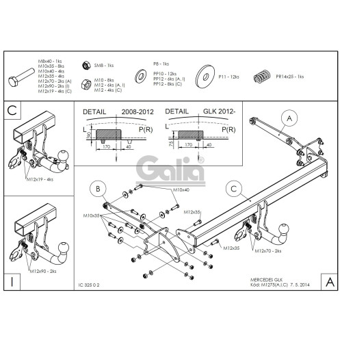 M127A GALIA Полностью оцинкованный фаркоп на Mercedes GLK-Class x204 2008-2015. Подрозетник убирается за бампер. Тип шара: A. Невидимый вырез бампера. Нагрузки: 2500/100 кг, масса фаркопа 19,02 кг