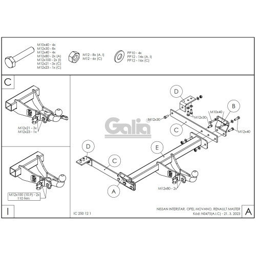 N047A GALIA Полностью оцинкованный фаркоп на Nissan Interstar 1998-2010, Opel Movano A 1999-2010, Renault Master 1998-2010. Тип шара: A. Установка без снятия и выреза бампера. Нагрузки: 2300/100 кг, масса фаркопа 22,82 кг