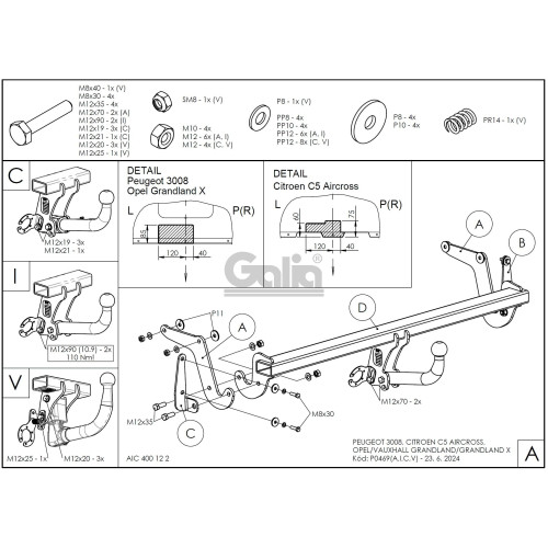 P046A GALIA Полностью оцинкованный фаркоп на Citroen C5 Aircross 2019-, Peugeot 3008 2016-2024, кроме GT line, Opel Grandland X 2017-2021, Opel Grandland 2021-. Подрозетник убирается за бампер. Тип шара: A. Невидимый вырез бампера. Нагрузки: 2000/100 кг, 