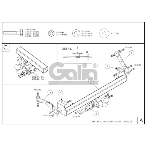 S064C GALIA Полностью оцинкованный фаркоп на SEAT Inca 1995-2004, Volkswagen Caddy 1996-2004. Тип шара: C (горизонтальный съемный). Невидимый вырез бампера. Нагрузки: 1000/50 кг, масса фаркопа 11,97 кг